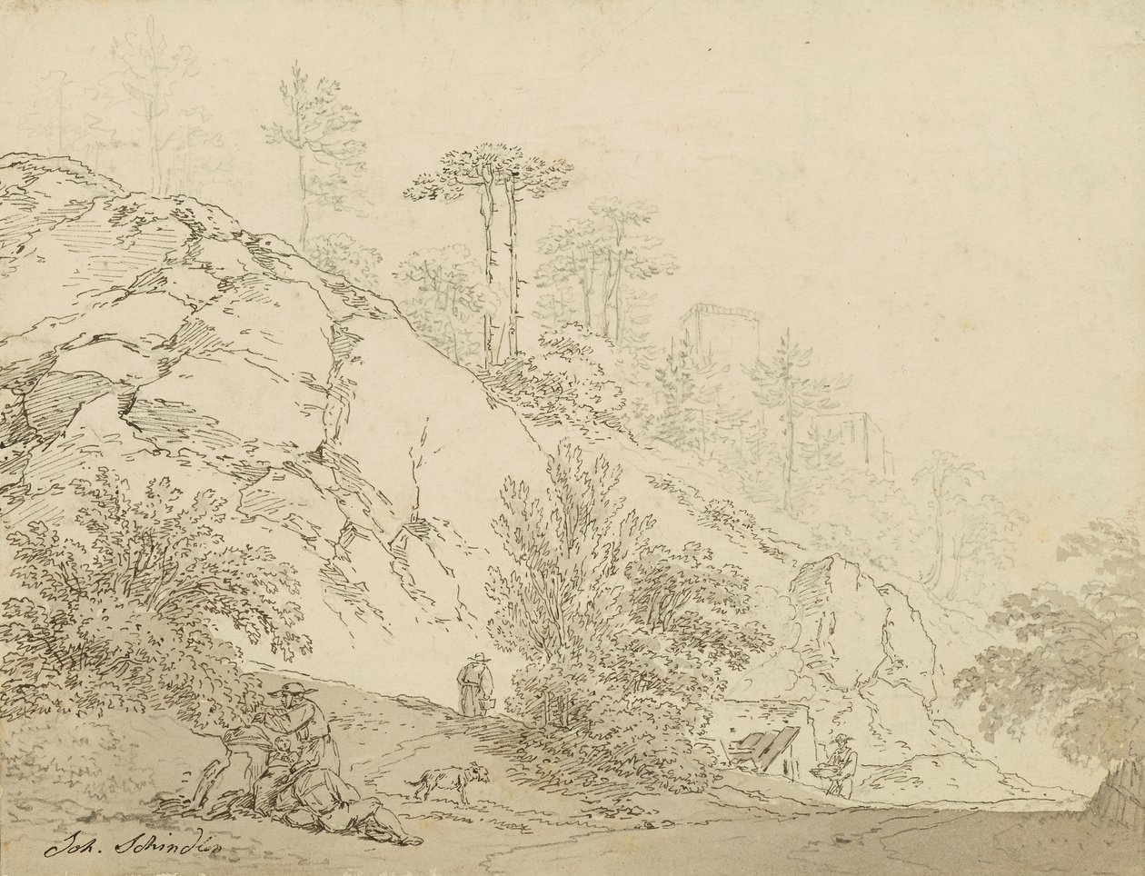 Bauern rastend in felsigem Gelände, Hintergrund Burg von Johann Josef Schindler