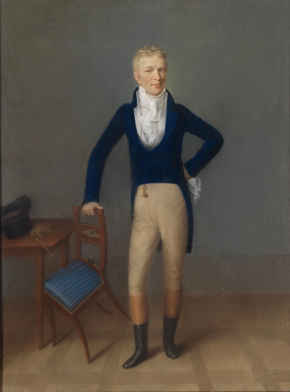 Bildnis eines blonden Herrn in ganzer Figur in Reitkostüm, auf eine Sessellehne gestützt von Johann Lorenz Kreul