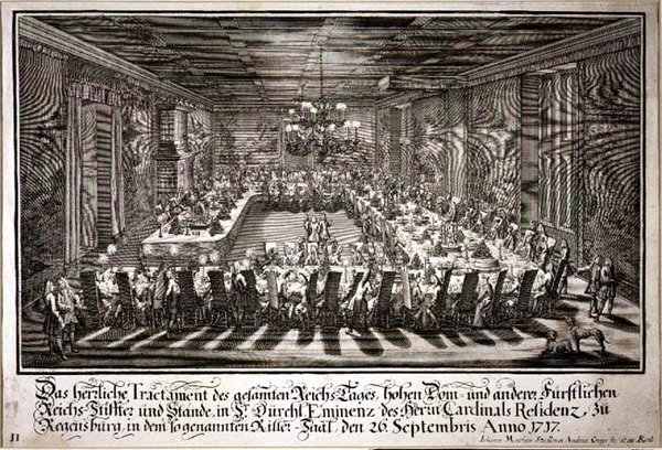 Bankett in der Königshalle im Palast des Kardinals von Regensburg, 26. September 1717 von Johann Matthias and Geyer Andreas Steidlin