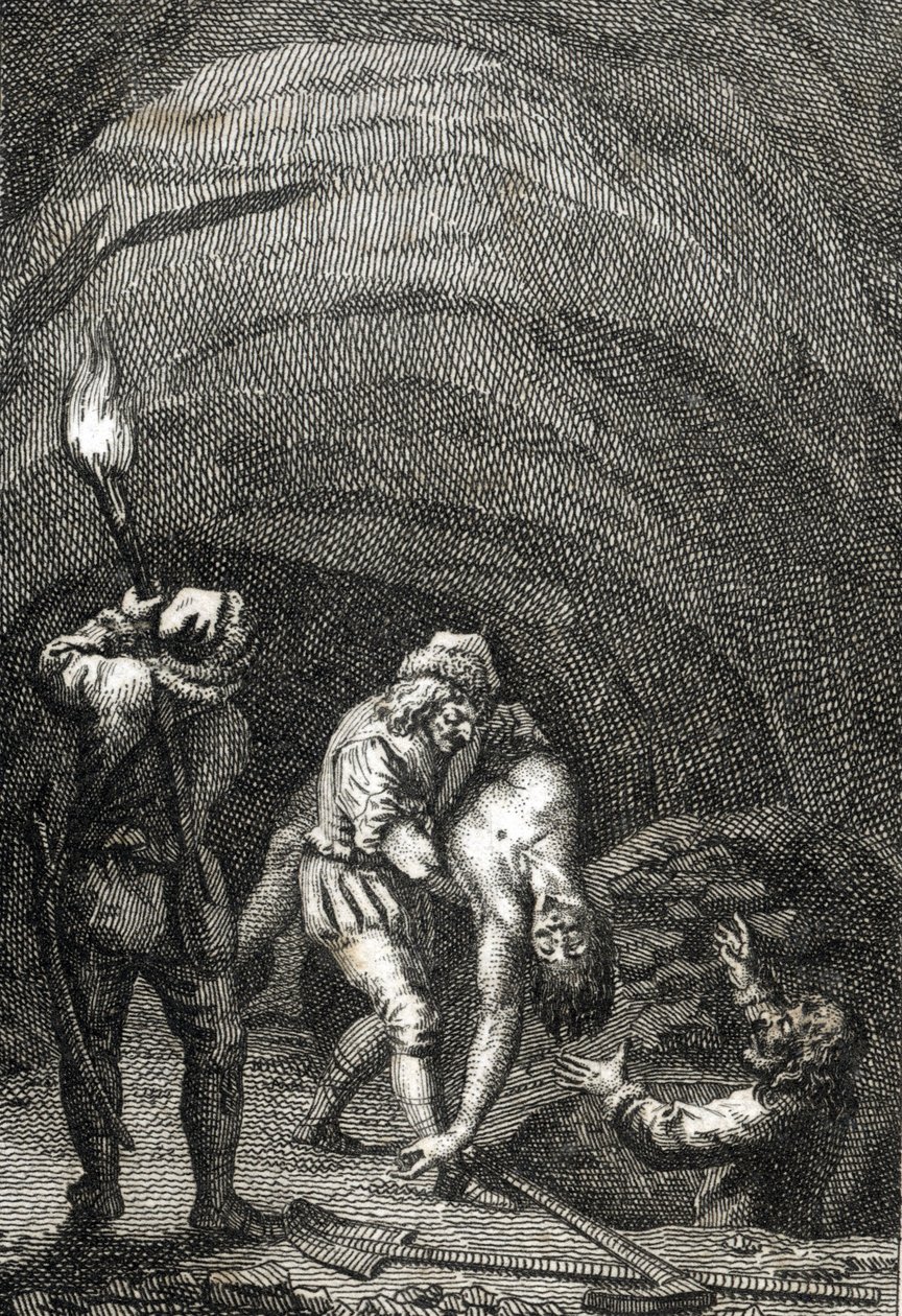 Tod von Wilhelm II. von Holland, getötet von den Friesen, die ihn heimlich unter dem Boden eines Hauses begruben, Gravur von Johann Michael Mettenleiter (1765-1853), 1800, Privatsammlung von Johann Michael Mettenleiter