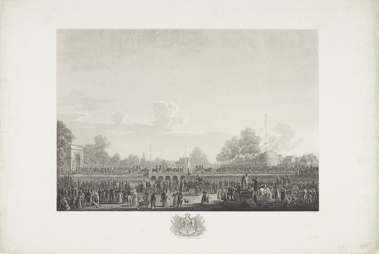 Ankunft von König Wilhelm I. in Brüssel, 1815 Zwölf Platten der Ankunft und Krönung von Wilhelm I. in Brüssel und der Schlachten bei Quatre-Bras und Waterloo im Jahr 1815 (Serientitel) von Johann Nepomuk Gibèle