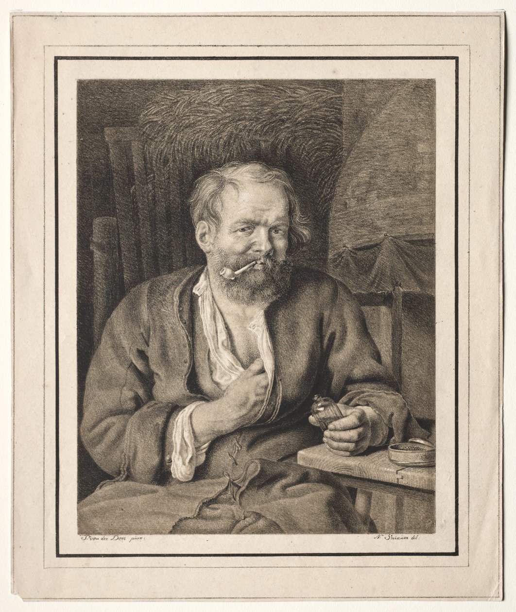 Bauer sitzt an einem Tisch und raucht eine Pfeife von Johann Nepomuk Strixner