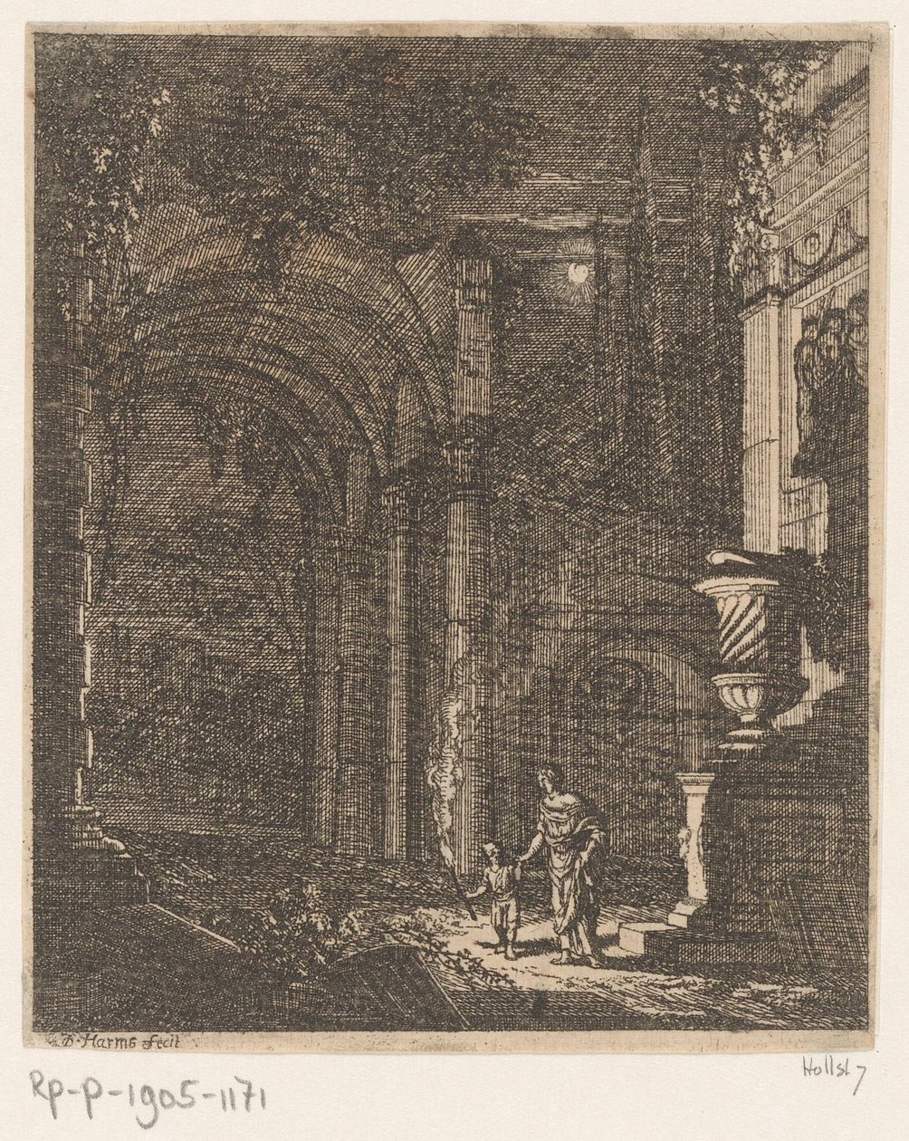 Zwei Figuren beleuchten antike Ruinen mit einer Fackel von Johann Oswald Harms