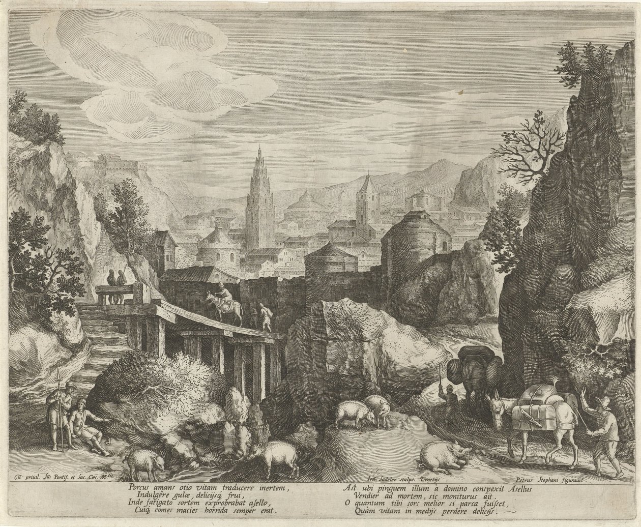 Felsenlandschaft mit der Fabel vom Esel und dem Wildschwein von Johann Sadeler (I)