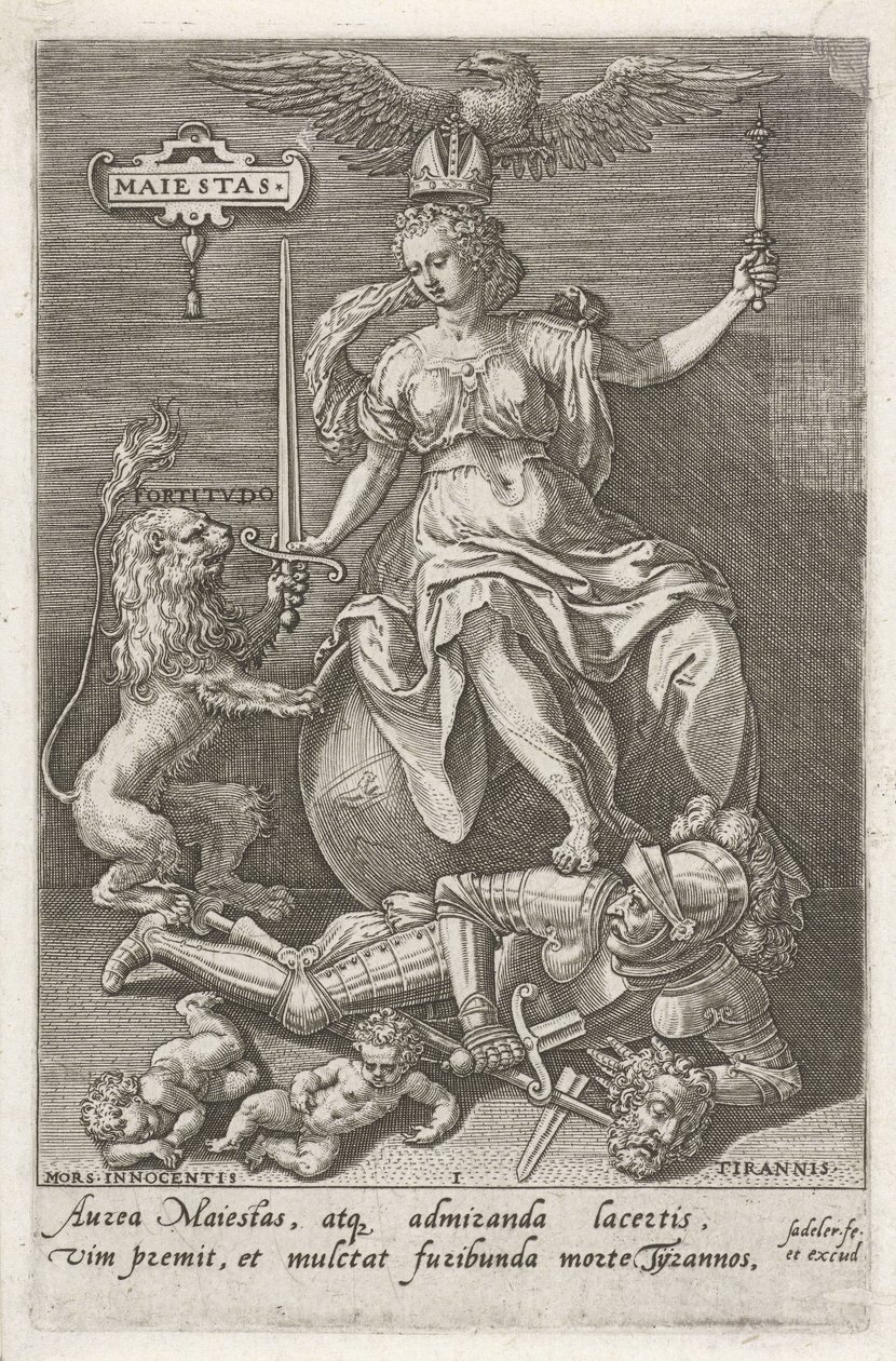 Würde (Majestas) überwindet Tyrannei (Tirannis) Die Tugenden überwinden die Laster (Serientitel) von Johann Sadeler (I)