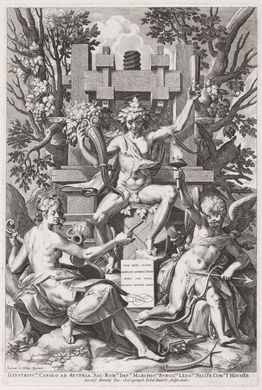 Bacchus auf einem Fass zwischen Amor und Musik von Johann Sadeler I