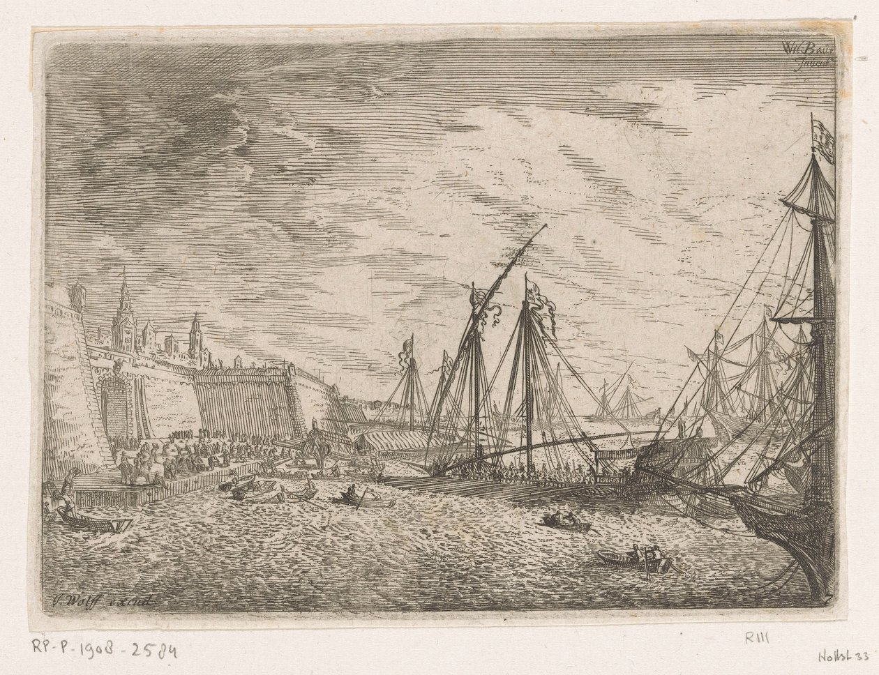 Hafenansicht mit Segelschiffen und Galeeren vor einer Stadtmauer von Johann Wilhelm Baur