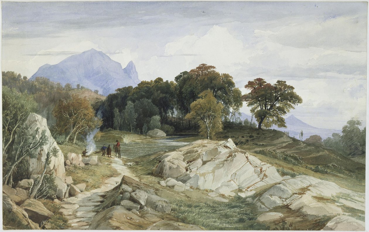 Italienische Wald- und Gebirgslandschaft, ein Reiter und drei Männer am Feuer von Johann Wilhelm Schirmer