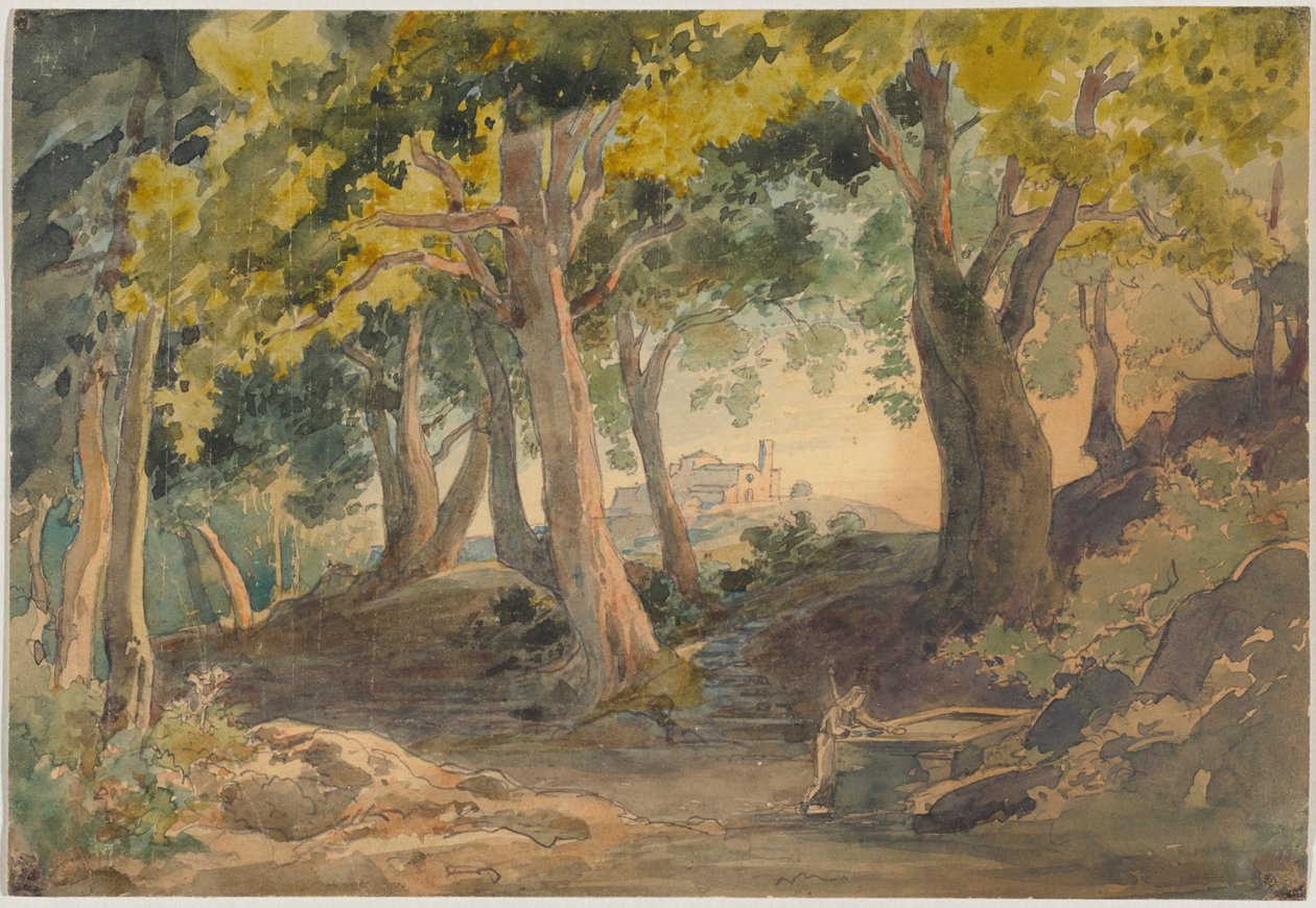 Landschaft - mit hohen alten Laubbäumen und einer Anhöhe mit Burg im Hintergrund von Johann Wilhelm Schirmer