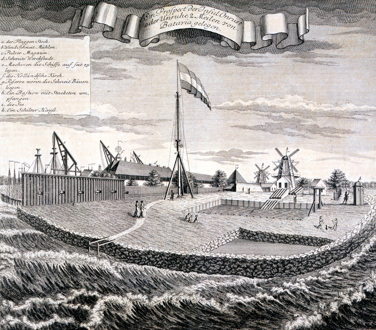 Holz- oder Sägemühle der Niederländischen Ostindien-Kompanie auf der Insel zwei Meilen von Batavia, veröffentlicht 1744 von Johann Wolfgang Heydt