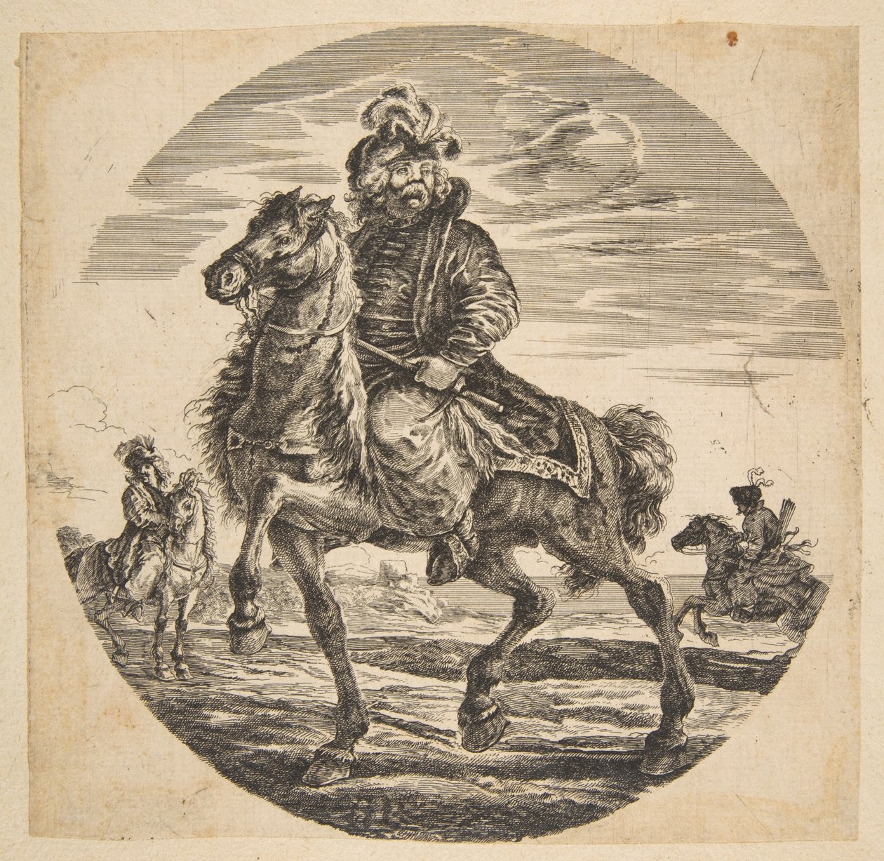 Ungarischer Reiter, der nach links reitet, andere Reiter im Hintergrund, ein Kreis... n.d. von Johanna Christina Küsel