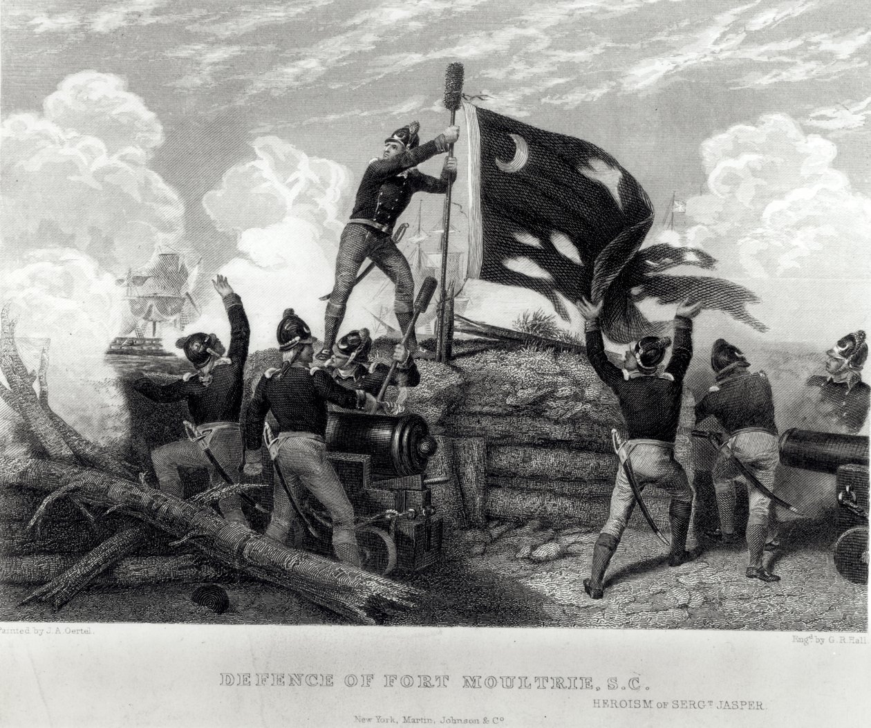 Der Heldentum von Sergeant William Jasper bei der Verteidigung von Fort Moultrie, South Carolina, 12. Mai 1780, graviert von G.R. Hall von Johannes Adam Simon Oertel