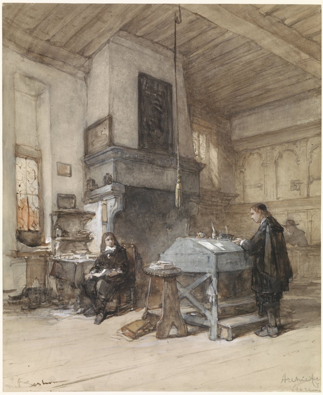 Archiv in Veere mit Figuren in Kostümen des 17. Jahrhunderts von Johannes Bosboom
