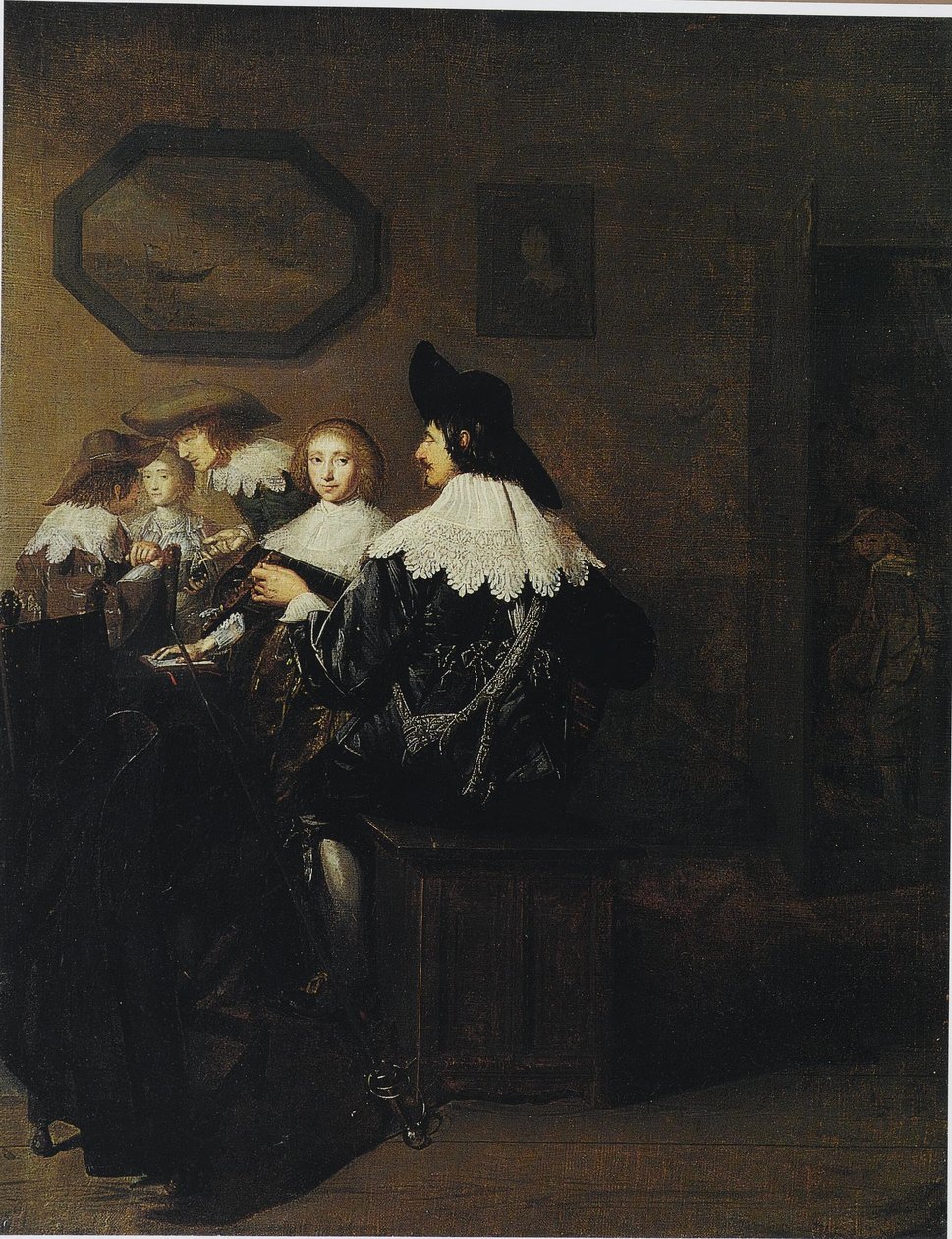 Gesellschaft mit einem Mann, der Laute spielt, an einem Tisch sitzend von Johannes Cornelisz Verspronck