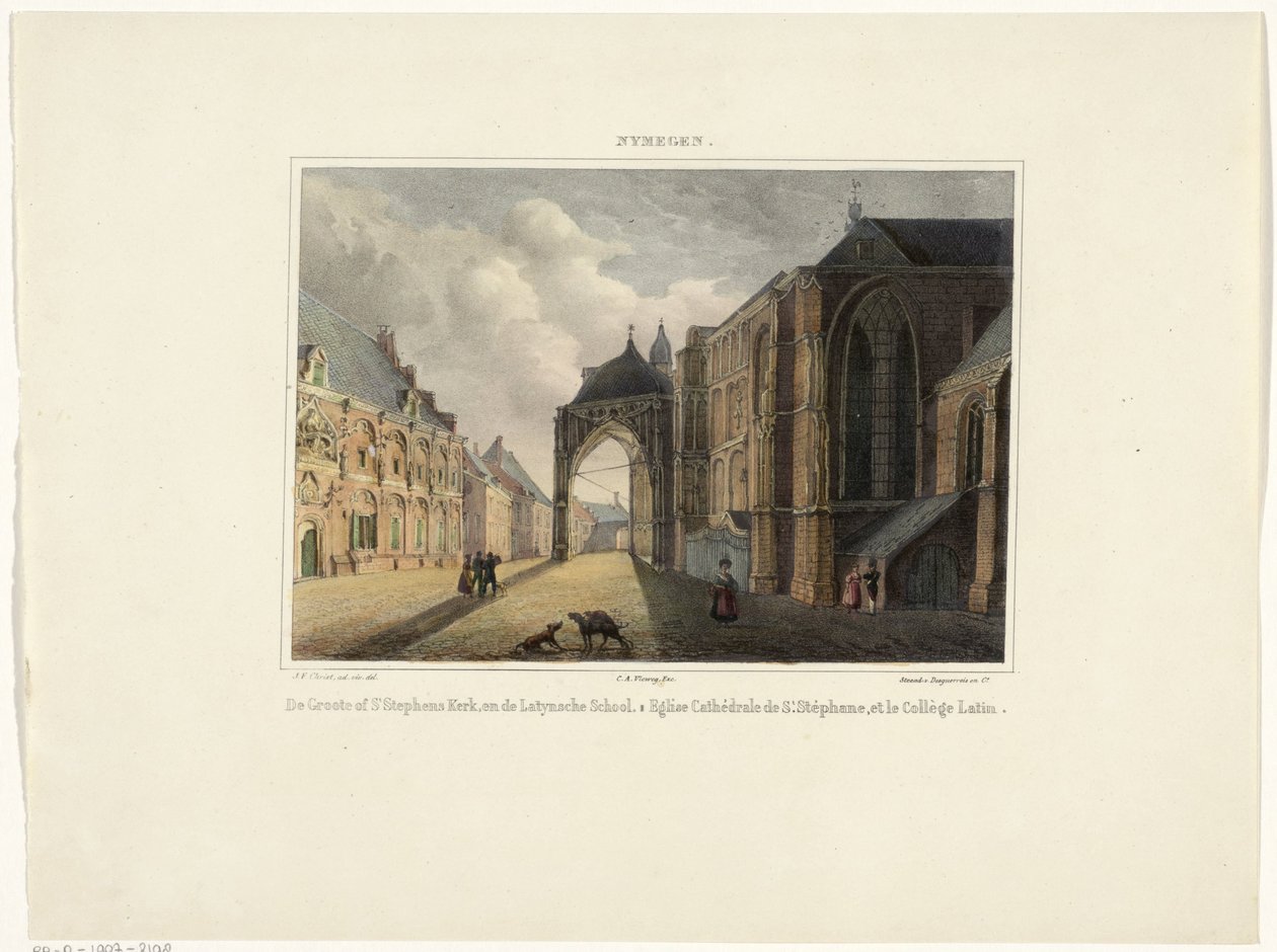 Ansicht der Stevenskerk und der Lateinschule in Nijmegen (Nymegen) von Johannes Franciscus Christ