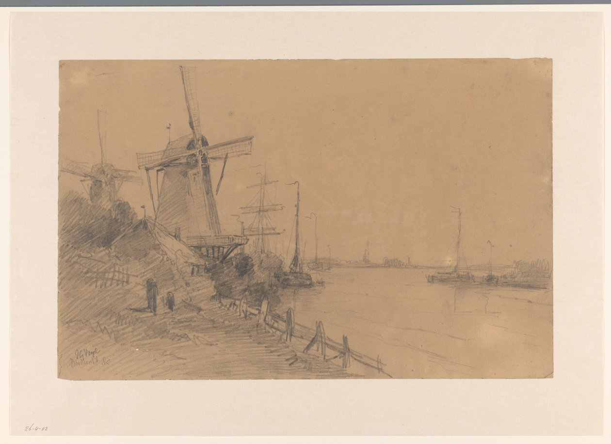 Mühlen bei Dordrecht entlang des Flusses mit Schiffen von Johannes Gijsbert Vogel