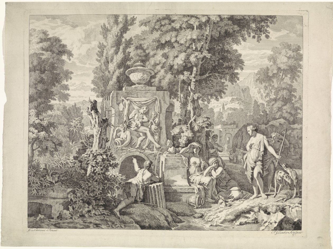 Landschaft mit einem Brunnen und Diana und ihren Nymphen von Johannes Glauber