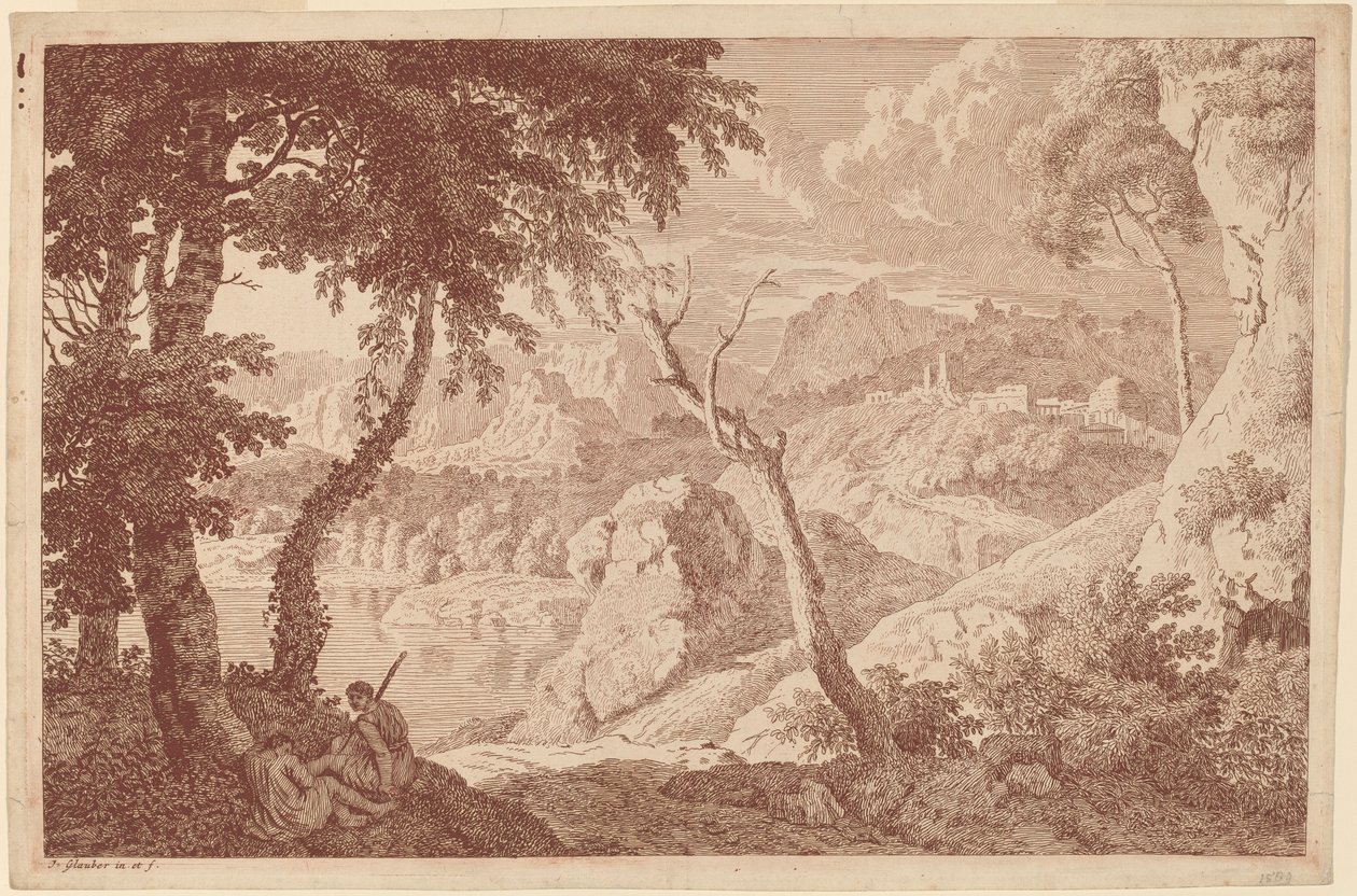 Berglandschaft mit zwei ruhenden Männern von Johannes Glauber