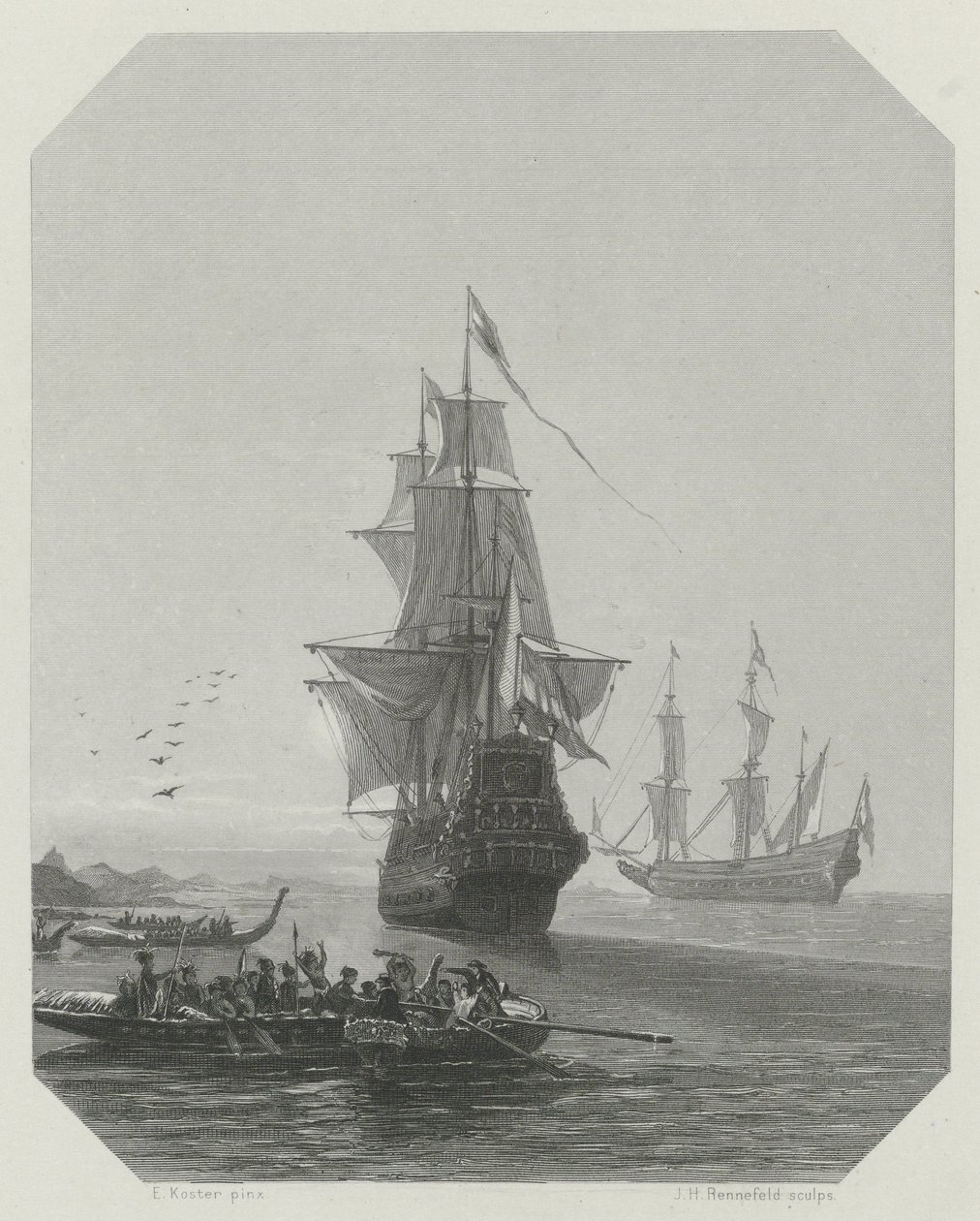Ankunft von Abel Tasman in Neuseeland, 1642-1643, ca. 1865 von Johannes Heinrich Maria Hubert Rennefeld
