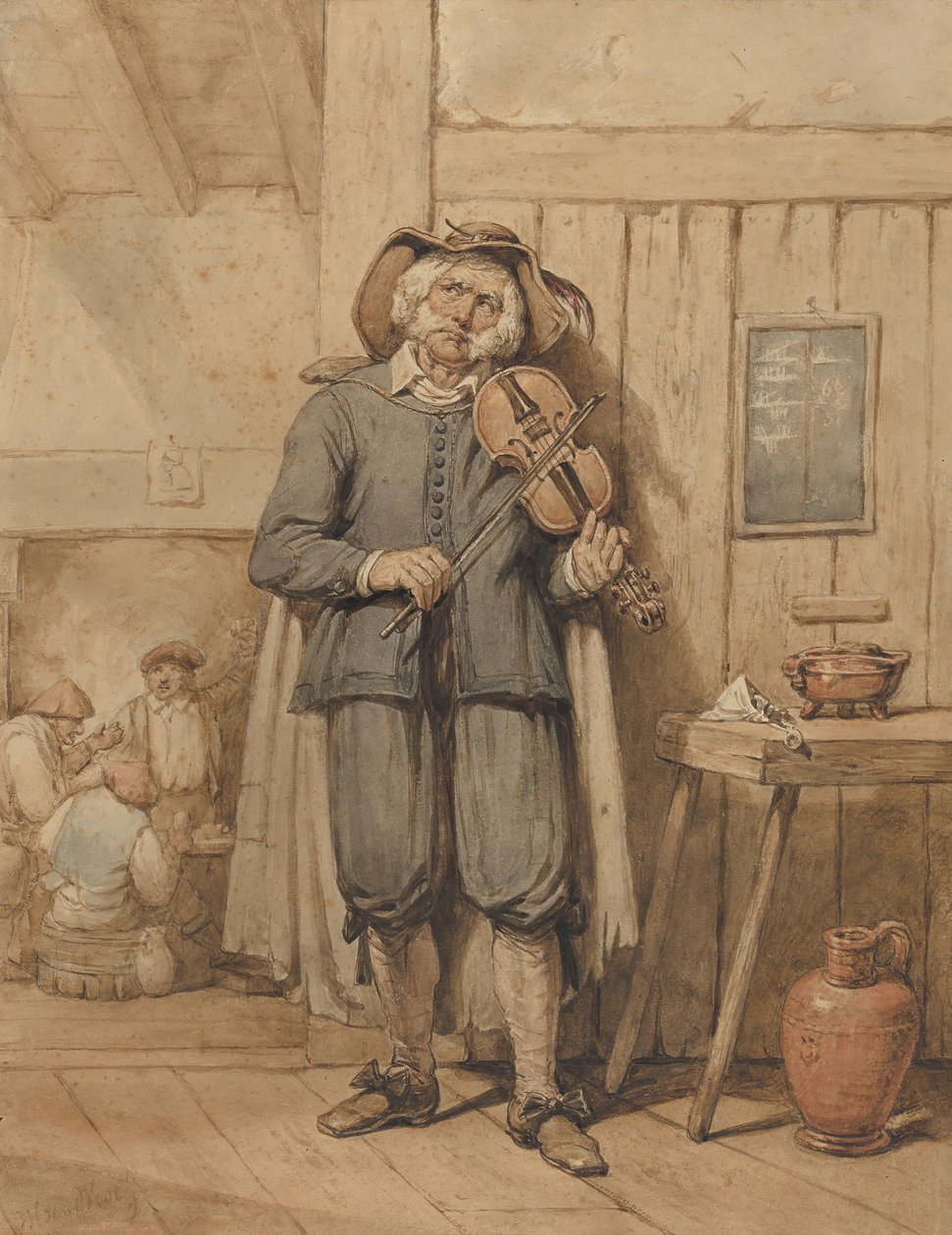 Ein Geiger in einer Taverne, mit drei Männern im Hintergrund, Mitte des 19. Jahrhunderts von Johannes Hendrik van West