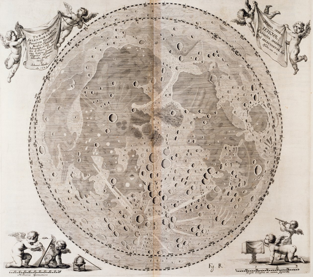 Erste detaillierte Mondkarte, gezeichnet 1647 von Johann Hevelius, Druck aus Johann Hevelius