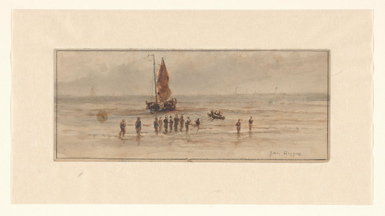 Strandansicht mit Fischern und Segelschiff von Johannes Huygens (signed by artist)