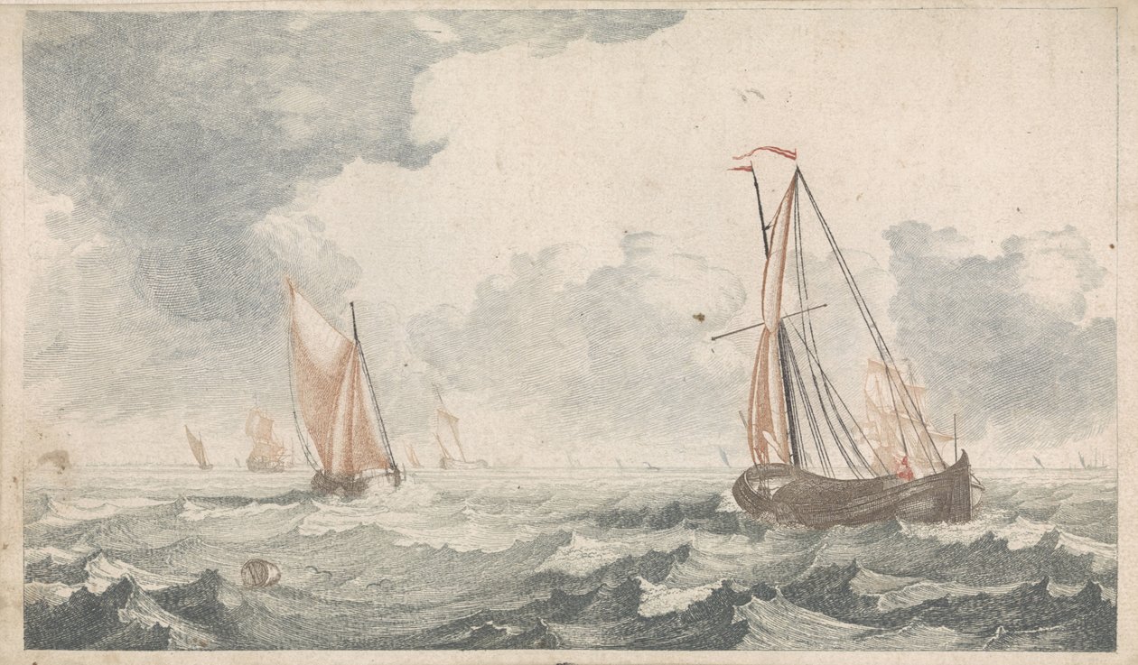 Zwei aufeinander zu segelnde Plattbodenschiffe von Johannes Jacobsz van den Aveele