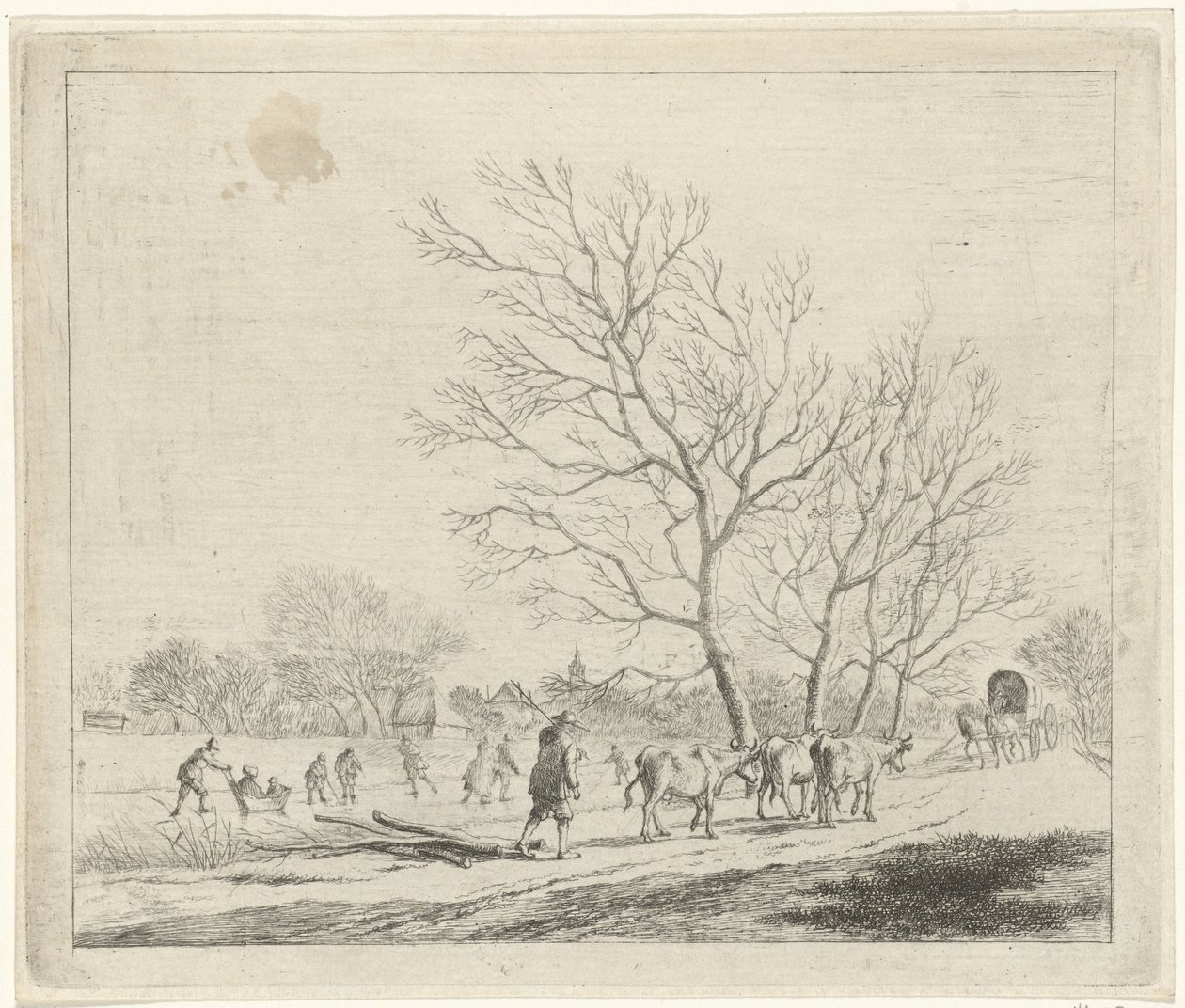 Winterlandschaft mit Kühen und Schlittschuhläufern von Johannes Janson