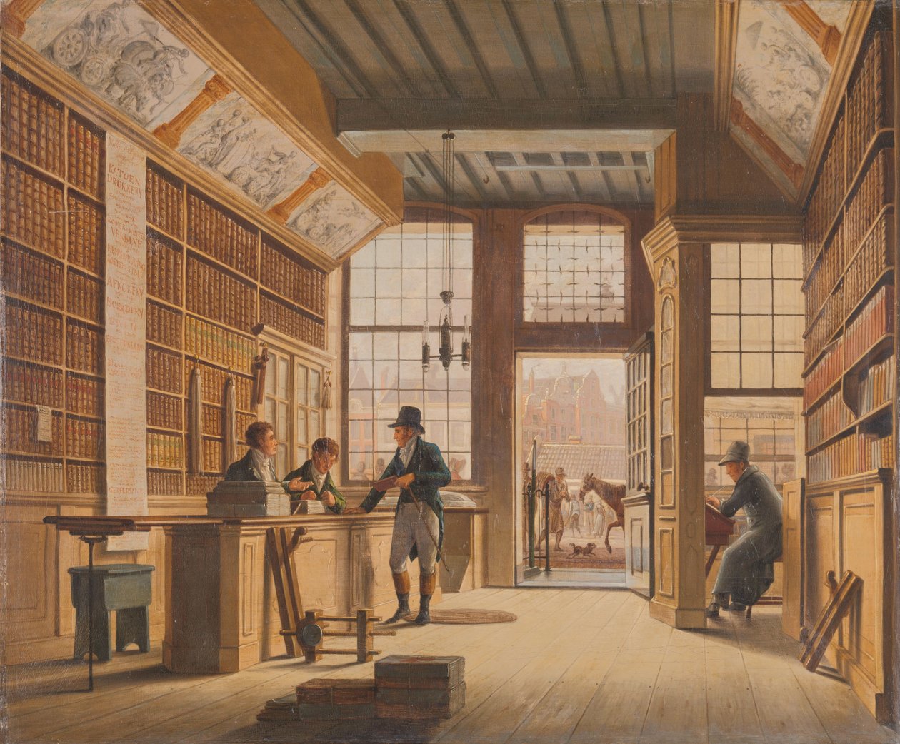 Der Laden des Buchhändlers Pieter Meijer Warnars an der Vijgendam in Amsterdam von Johannes Jelgerhuis
