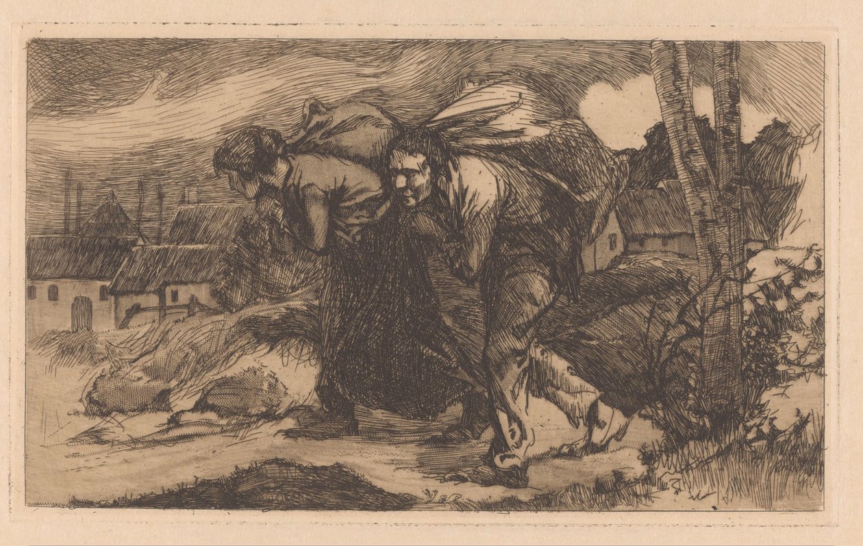 Mann und Frau mit Sack auf dem Rücken von Johannes Josephus Aarts