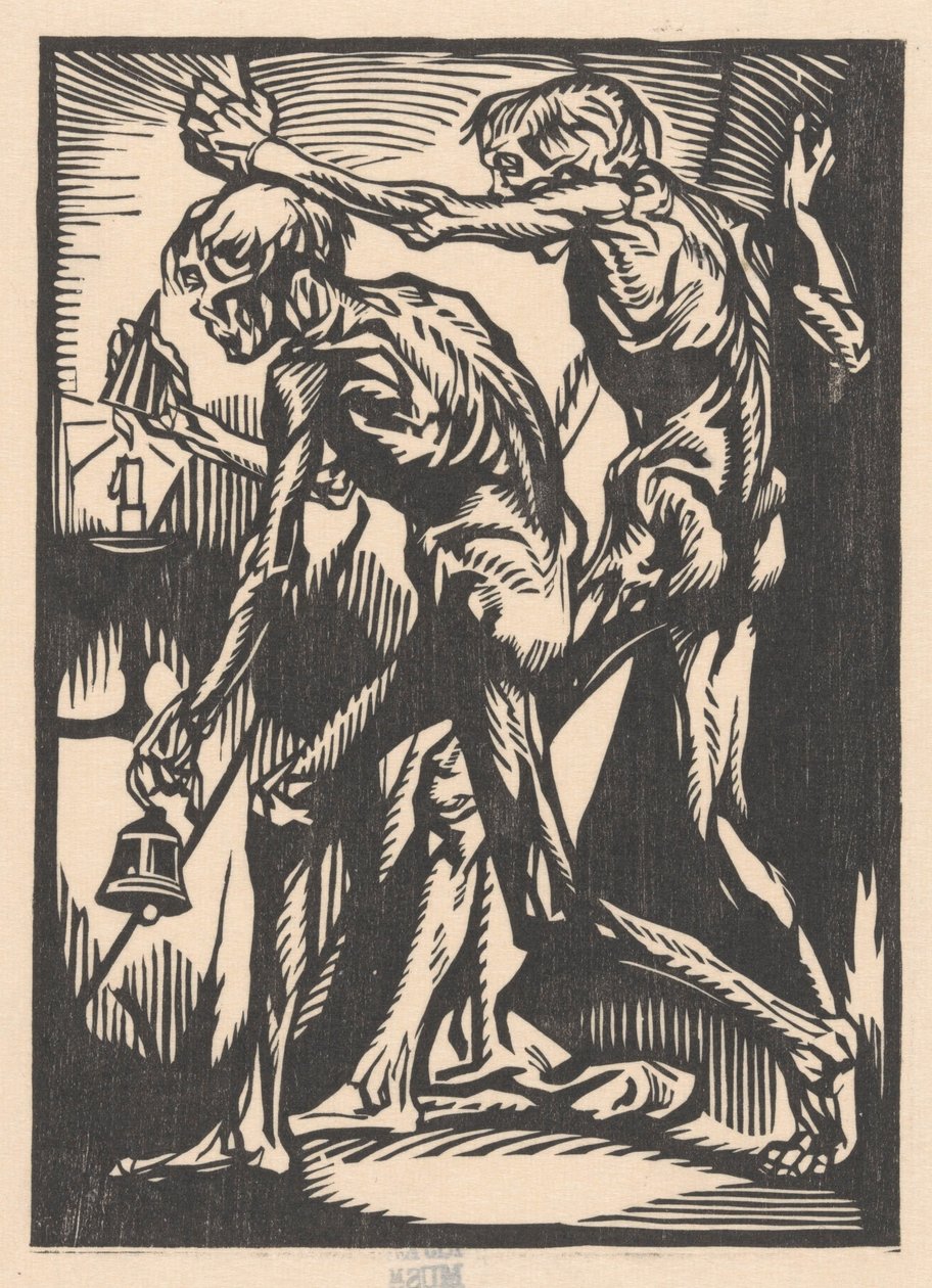 Zwei nackte Männerfiguren mit Glocke und Kerzenlöscher von Johannes Josephus Aarts