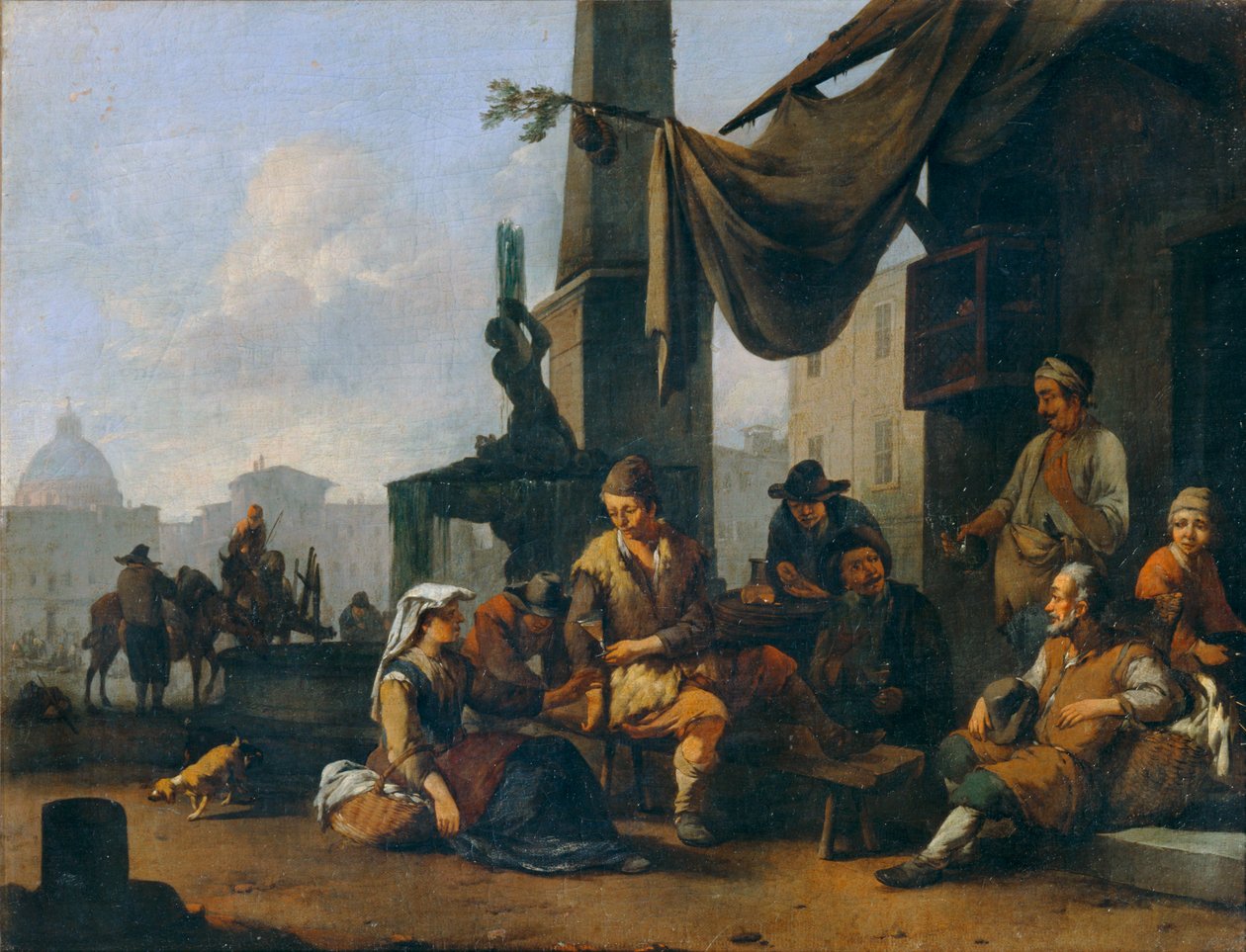 Italienische Bauern trinken an der Tür einer römischen Herberge von Johannes Lingelbach