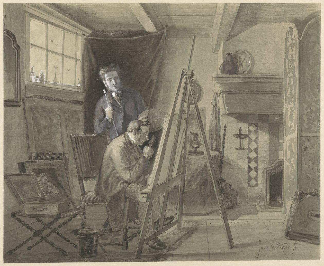 Selbstporträt von Johannes Marius van Kate, stehend in seinem Atelier mit einem Besucher von Johannes Marius ten Kate