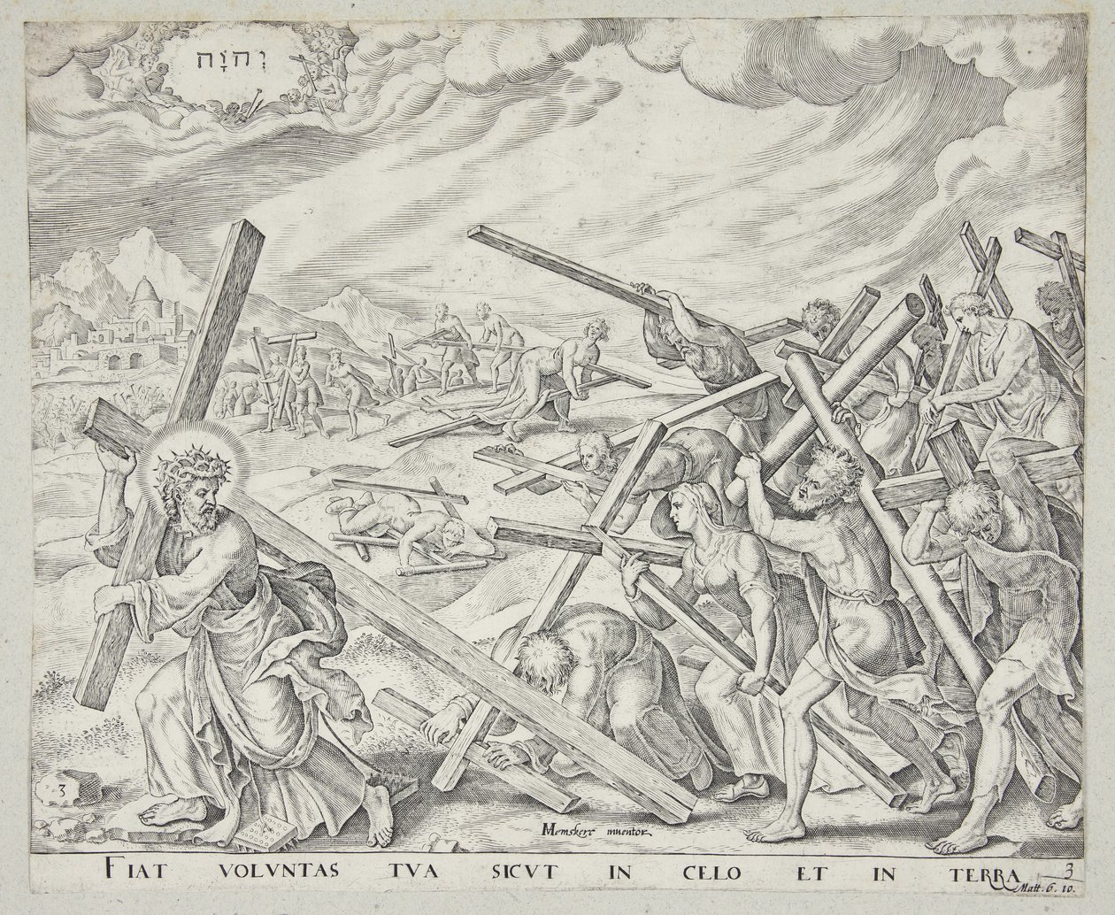 Der Mensch nimmt das Kreuz auf seine Schultern und folgt Christus von Johannes Wierix