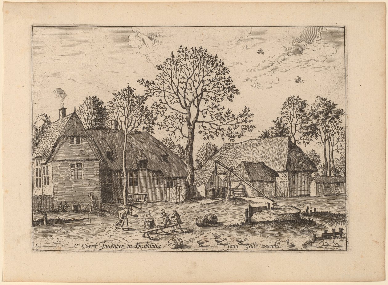 Bauernhöfe mit Ziehbrunnen von Johannes and Lucas van Doetechum after Master of the Small Landscapes