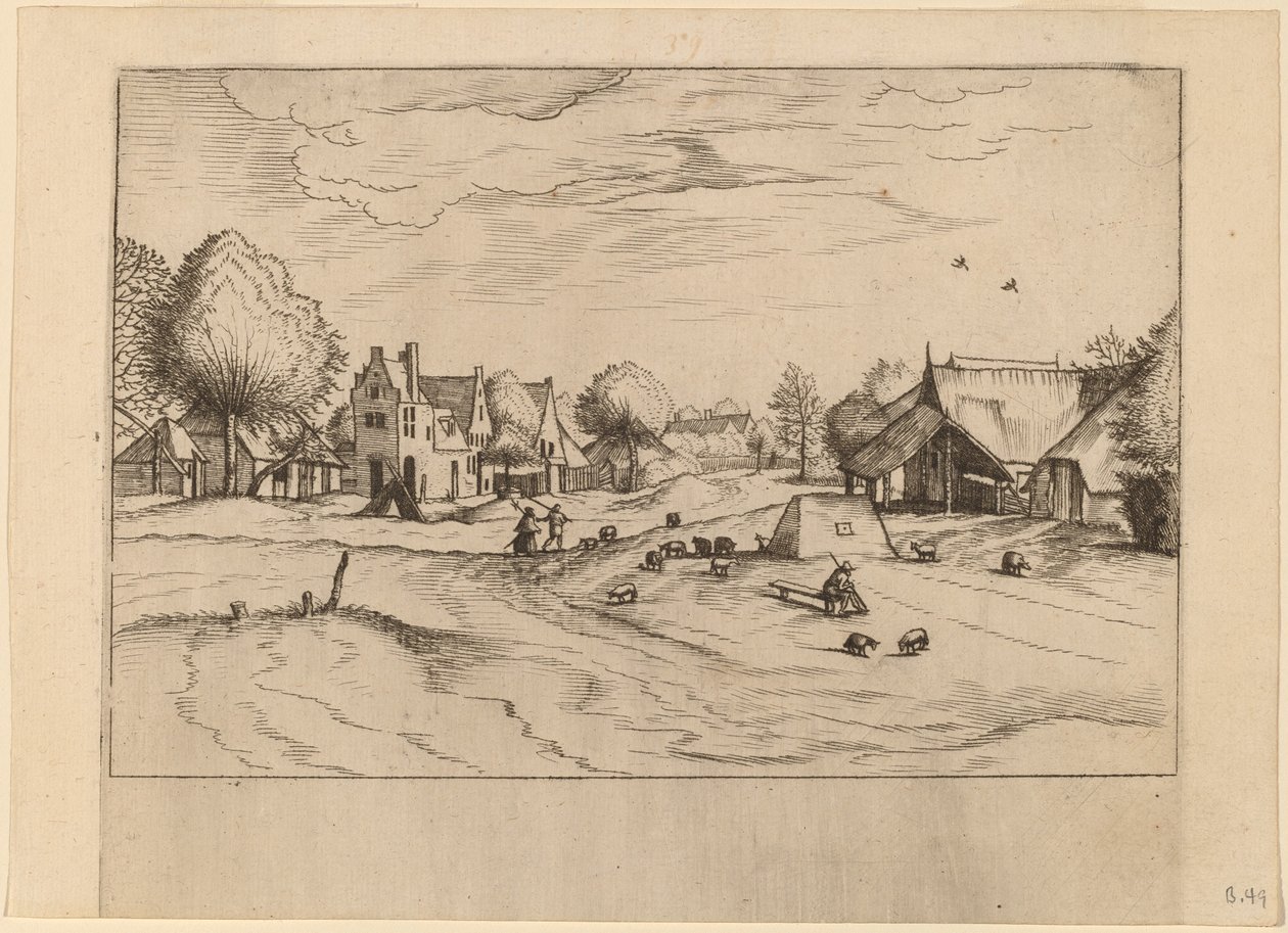 Dorf mit Schafen und sitzendem Schäfer von Johannes van Doetechum, the Elder and Lucas