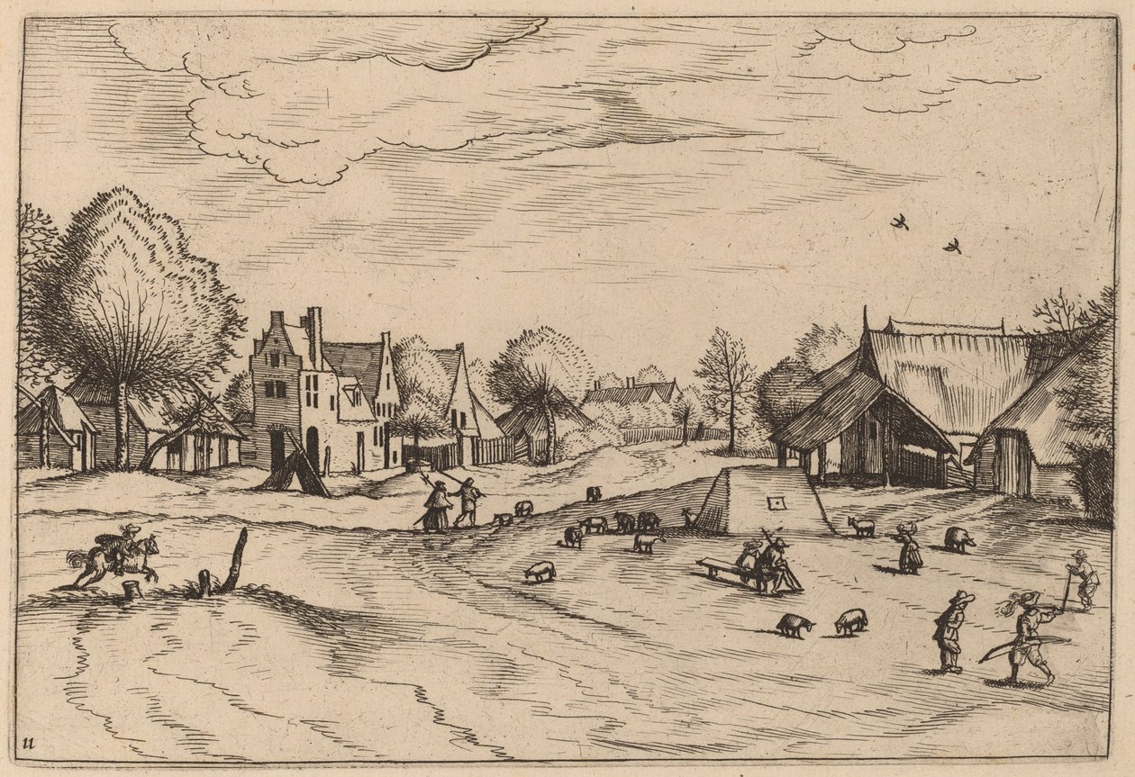 Dorf mit Schafen und sitzendem Hirten von Johannes van Doetechum, the Elder and Lucas