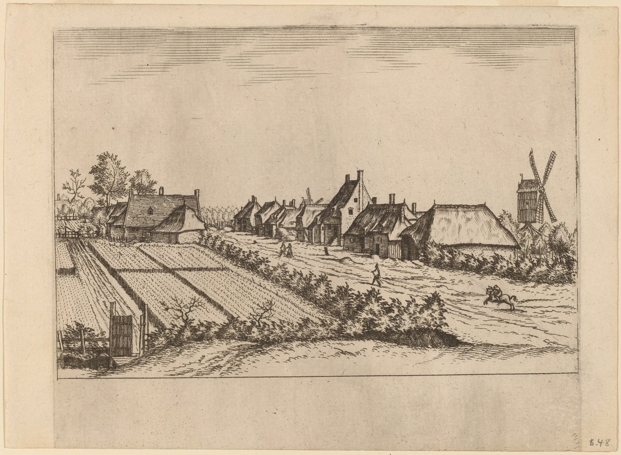 Felder und ein Dorfweg mit Postmühle von Johannes van Doetechum, the Elder and Lucas