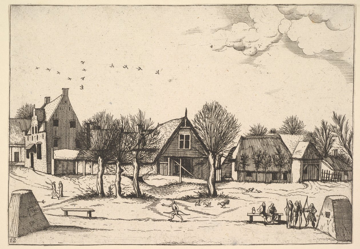 Dorf auf dem Land, Bogenschützen im Vordergrund aus Multifariarum casularum ruriumque linea, 1559-61 von Johannes van Doetecum I