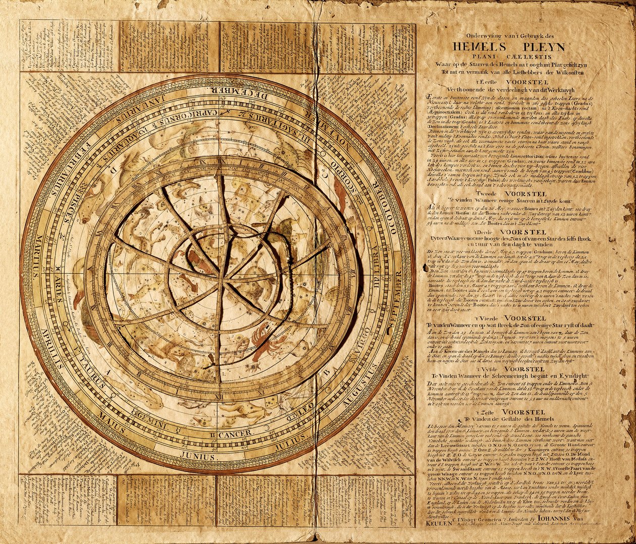 Himmelsplanisphäre erstellt vom holländischen Kartographen Johannes van Keulen (1654-1715). Die Sternbilder sind dargestellt und ein beweglicher Kreis ermöglicht die Verfolgung der Position der Sterne je nach Monat des Jahres. Barcelona. Barcelona Maritime von Johannes van Keulen