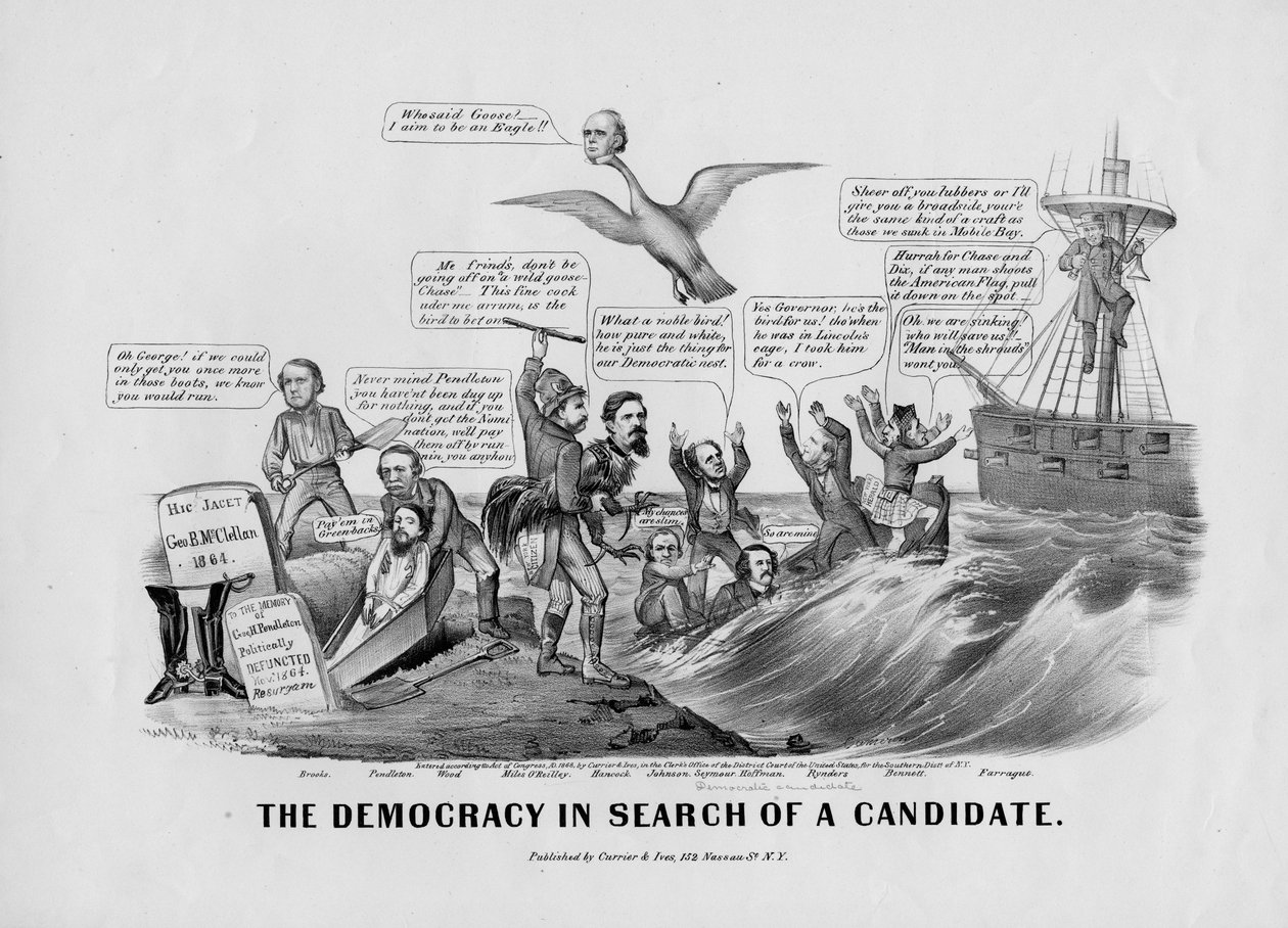 Die Demokratie auf der Suche nach einem Kandidaten, veröffentlicht von Currier und Ives, New York, 1868 von John Cameron