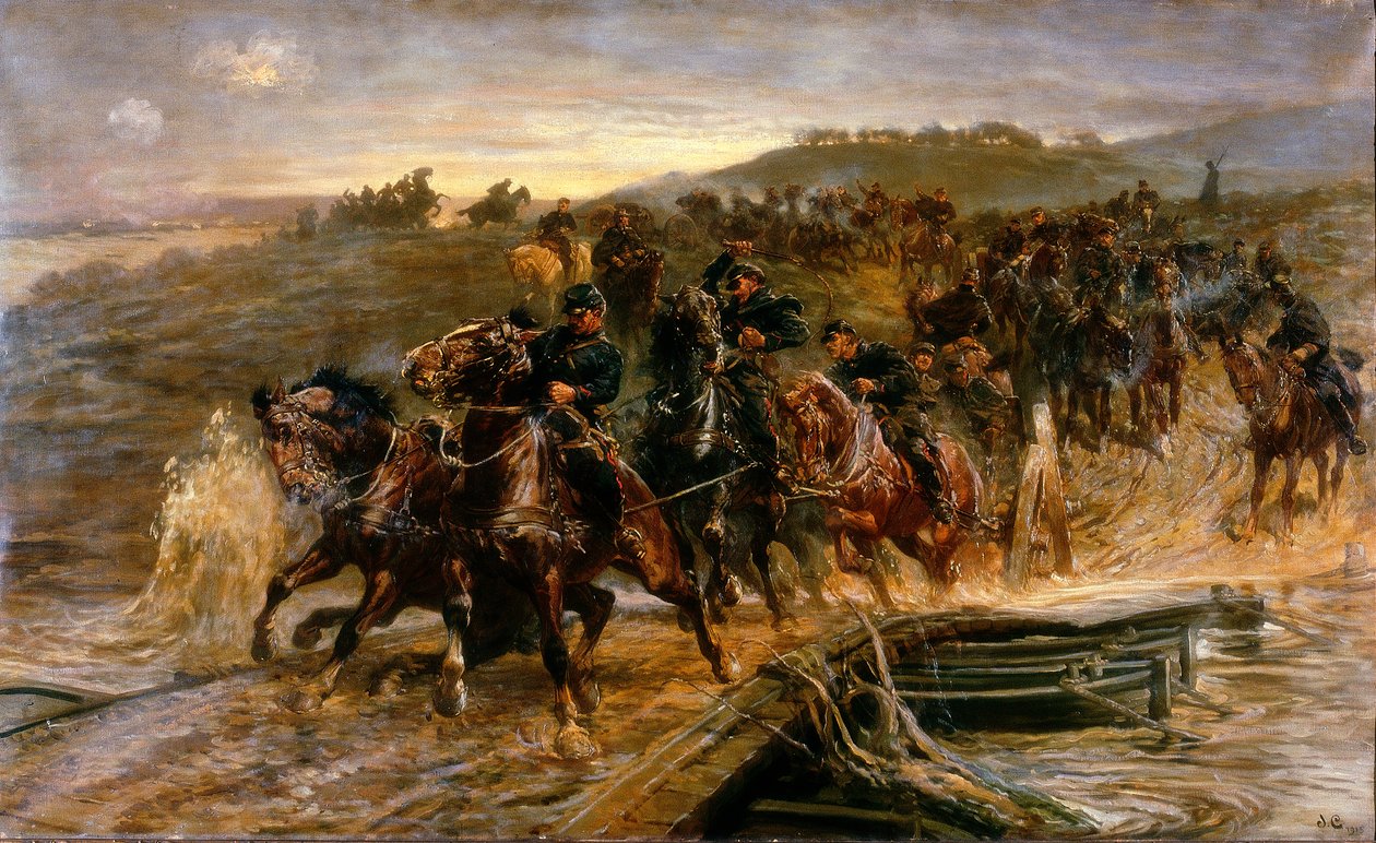 Französische Artillerie überquert die überflutete Aisne und rettet die Kanonen, 1915 von John Charlton