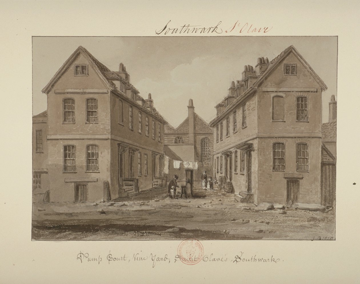 Ansicht einer Figur, die Wasser in Pump Court, Vine Yard, Bermondsey sammelt, 1828 von John Chessell Buckler