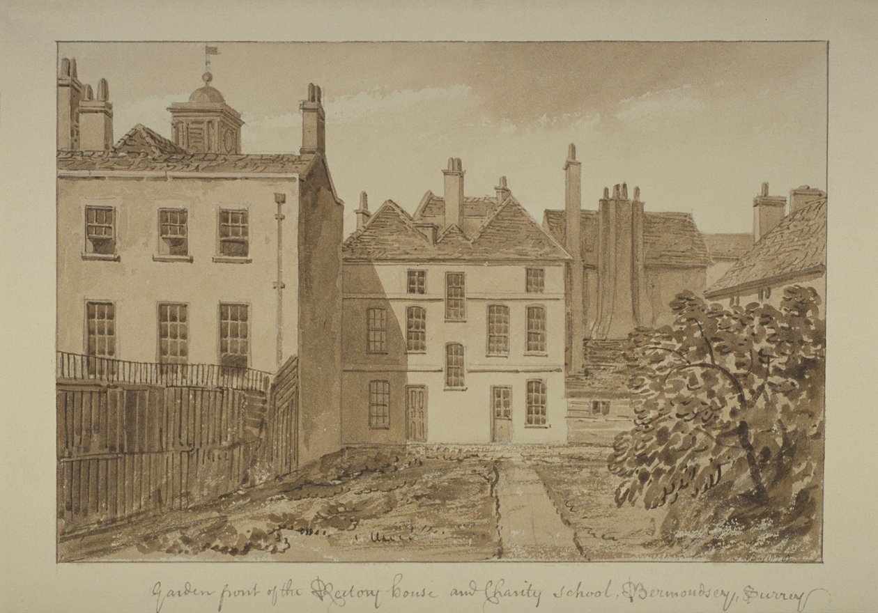 Ansicht des Pfarrhauses und der Wohltätigkeitsschule von St. Mary Magdalen, Bermondsey, 1828 von John Chessell Buckler