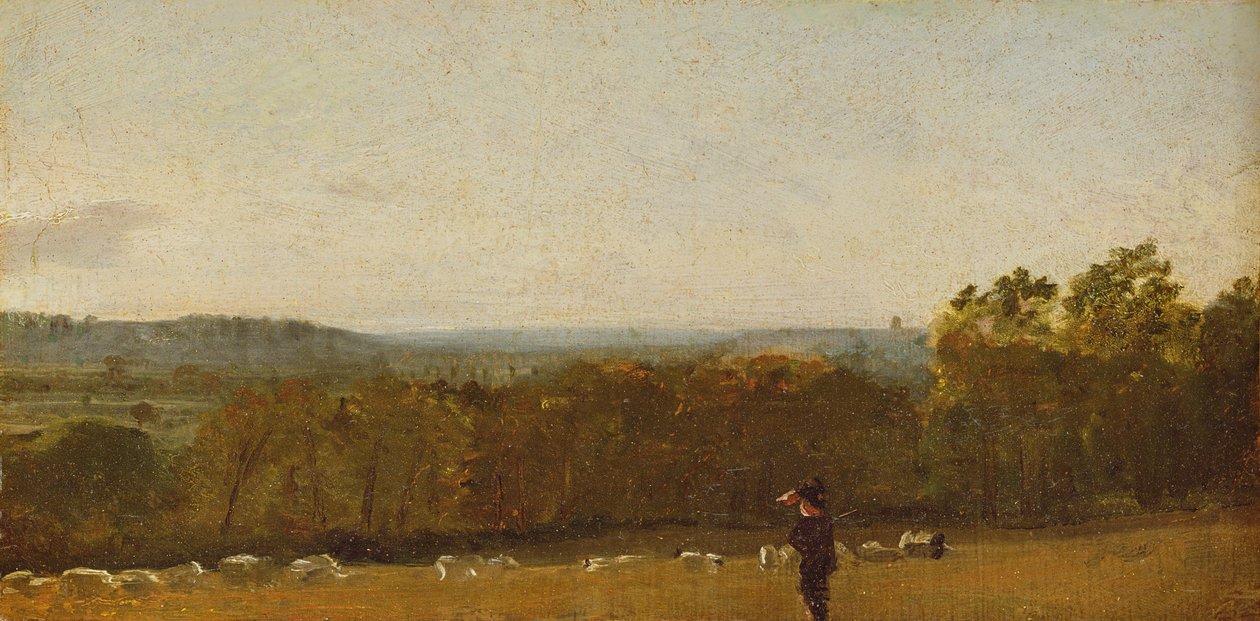 Ein Hirte in einer Landschaft, der über das Dedham-Tal nach Langham blickt, ca. 1810 von John Constable
