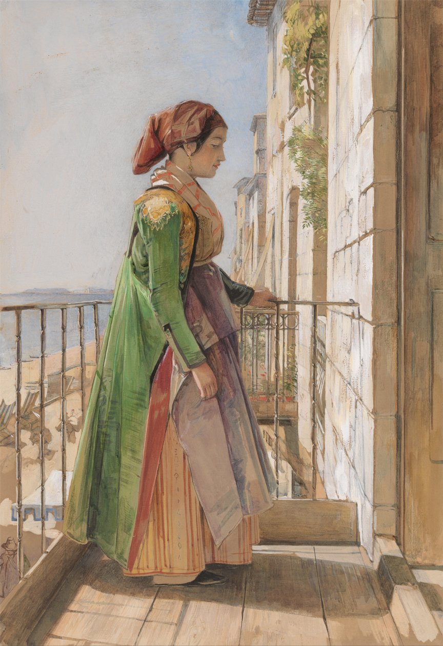 Ein griechisches Mädchen auf einem Balkon stehend von John Frederick Lewis