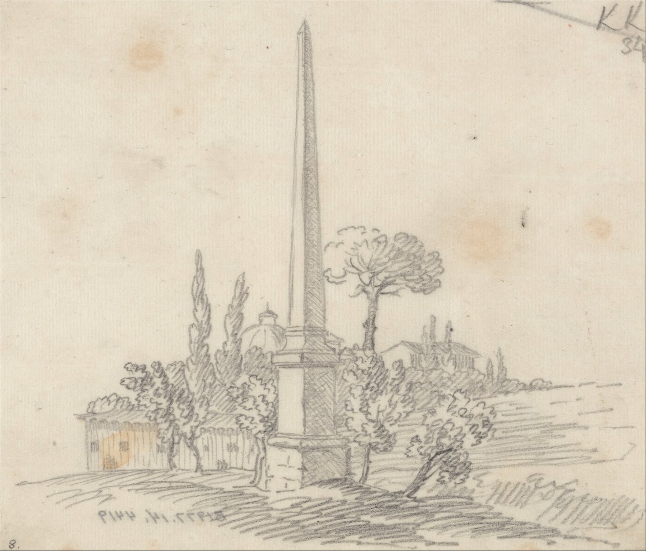Ein Obelisk mit Dächern und Bäumen in der Ferne von John Robert Cozens