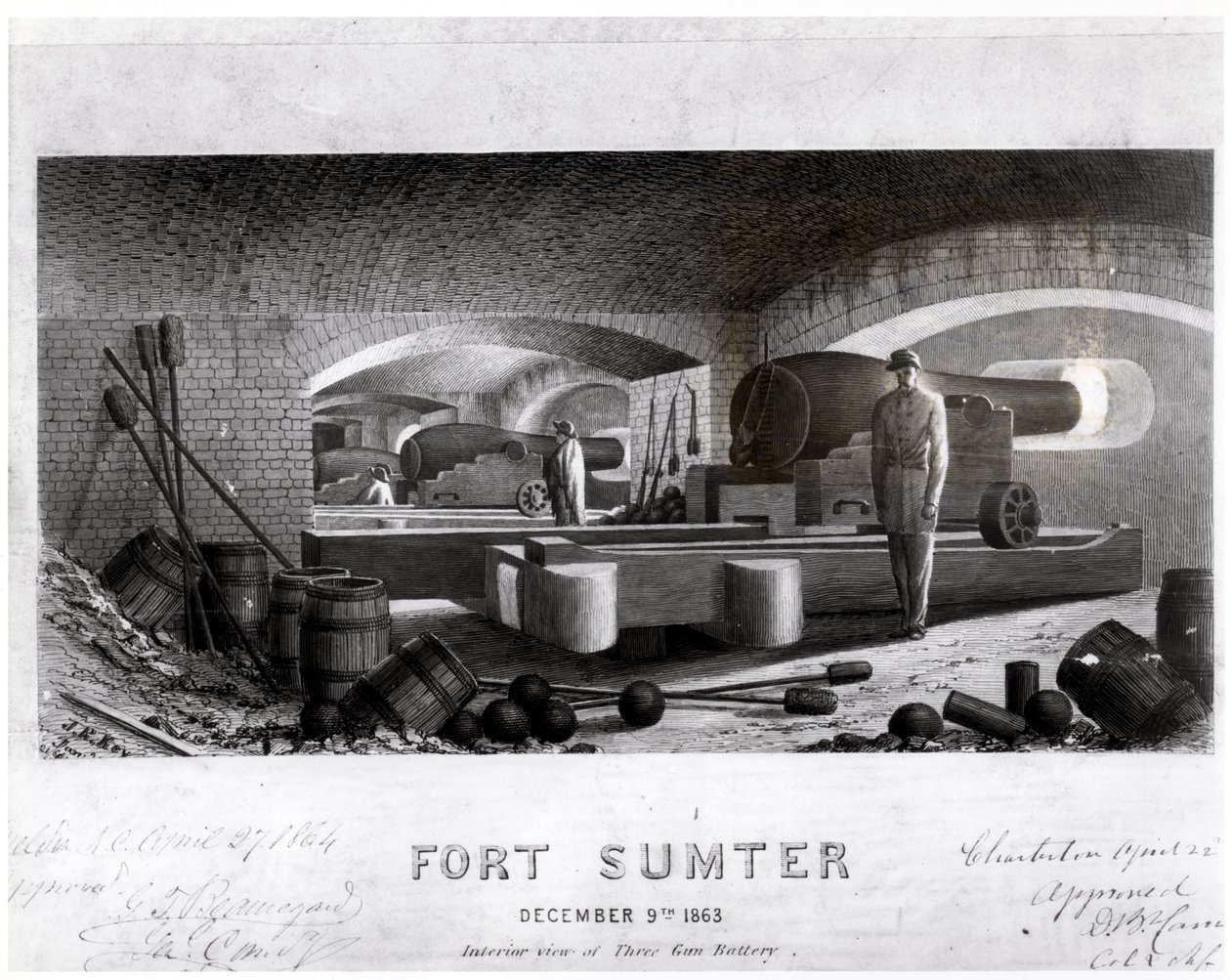 Fort Sumter, Innenansicht einer Drei-Kanonen-Batterie, Dezember 1863 von John Ross Key
