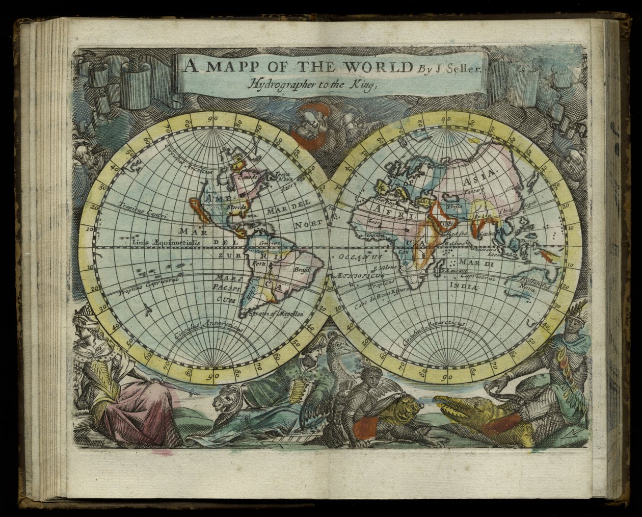 Eine Weltkarte aus Atlas maritimus von John Seller, 1682 von John Seller