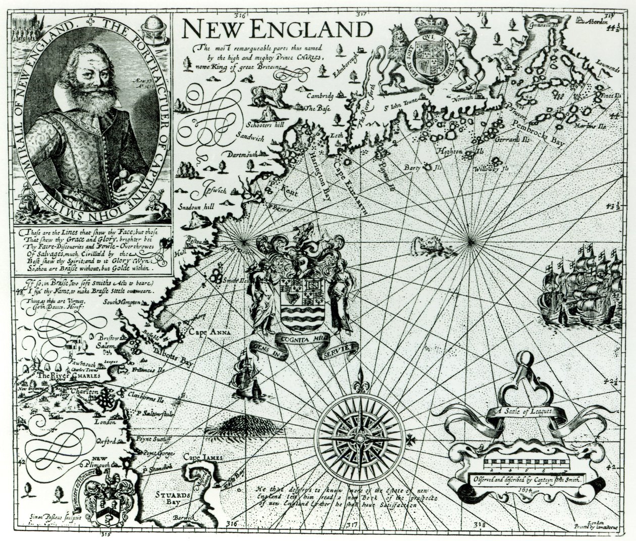 Karte der Küste von Neuengland im Jahr 1614, graviert von Simon de Passe, 1616 von John Smith 2